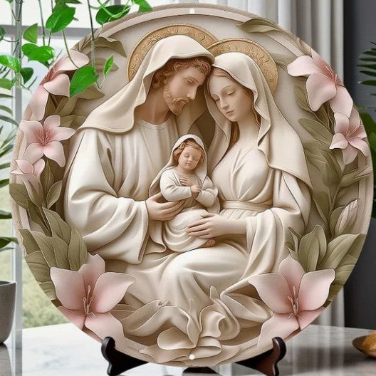 Christian Holy Family Relief Decorative Plaque - 8 Inch / 12 Inch Aluminum Waterproof Religious Wall Art (with Mounting Accessories)