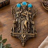 Triple Hecate Wall Sculpture – Antique Bronze Goddess Decor with Blue Orb Accents