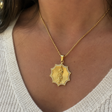 Gold Octagonal Star CZ Our Lady of Guadalupe Necklace, 3D Embossed Radiant Titanium Steel Religious Pendant Box Chain for Men