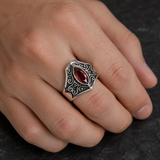Vintage Gothic Scroll Engraved Marquise Stone Mens Signet Ring