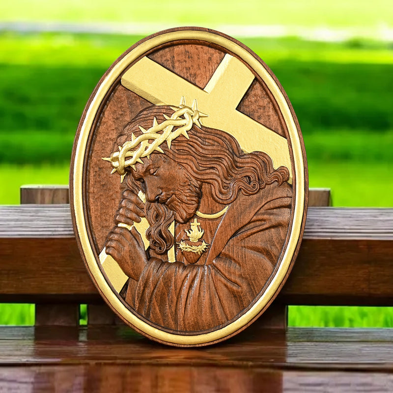 Jesus Crown of Thorns Jesus Inlaid Sacred Heart Crucifix Wooden Sculpture