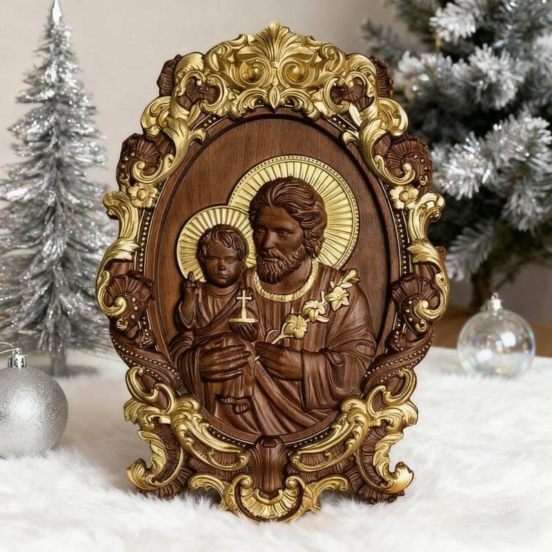 “St. Joseph & Child Jesus” Hand-Carved Wood Icon – A Timeless Christian Gift for Father’s Day & Faithful Homes