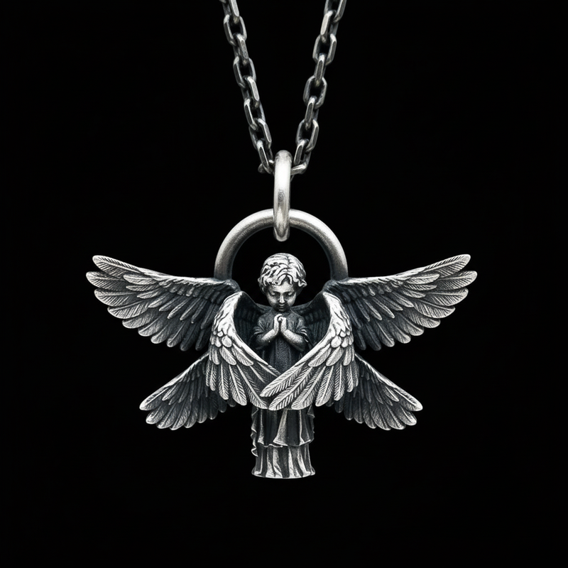Seraphim pendant detail – intricate wing carving