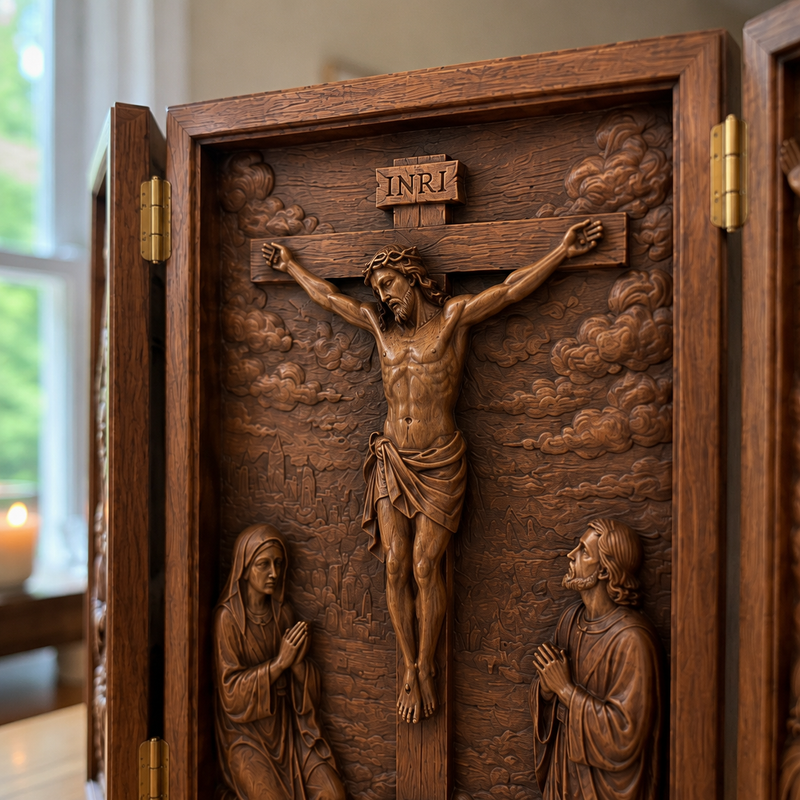 Hand-carved Crucifixion center panel with Christ, INRI, Mary and the disciple