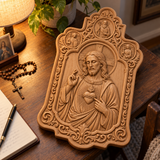 Sacred Heart of Jesus Hand-Carved Beechwood Plaque – Catholic Prayer, Home Blessing & Faith Gift