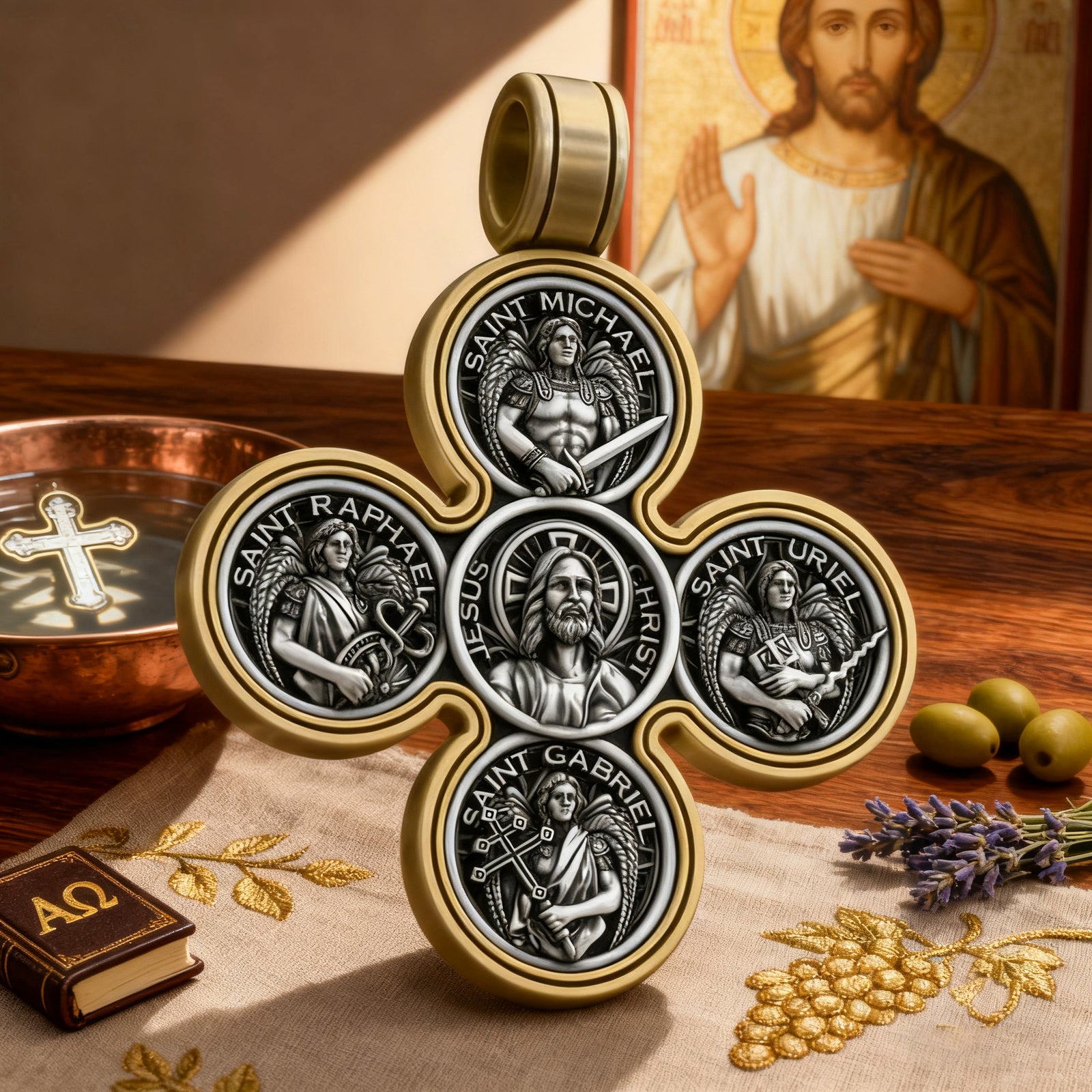 Baroque Style Crucifix Pendant with Jesus and the Four Archangels