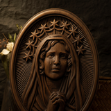 Our Lady in Tears and Prayer with a Nine-Star Halo — Hand-Carved Beechwood Statue