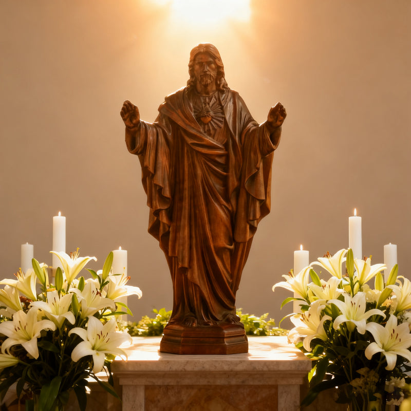 Hand Carved Sacred Heart of Jesus Virgin Mary Wooden Tabletop Ornament