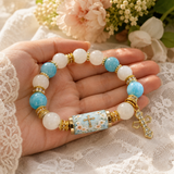 Chalcedony Cross Beaded Bracelet, Vintage Religious Printed Tube Bead Faith Jewelry for Women