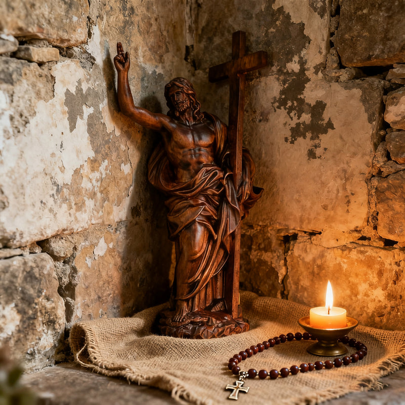 “He Is Risen” — Hand-Carved Boxwood Jesus Resurrection Statue | Symbol of Hope, Faith & New Life