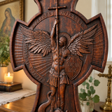 Hand-Carved Beechwood Archangel Michael Wall Cross – Quis Ut Deus Christian Home Decor