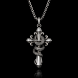 S925 Silver Serpent Cross Pendant Necklace with Green Gemstone