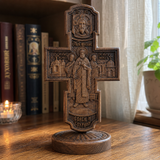 Double-Sided Icon Wood Carving ✝️ | Hand-Carved Crucifix & Saints Beechwood Wall Art