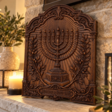 Hand-Carved Beech Wood Menorah & Olive Tree Plaque – Jewish Faith Home Décor