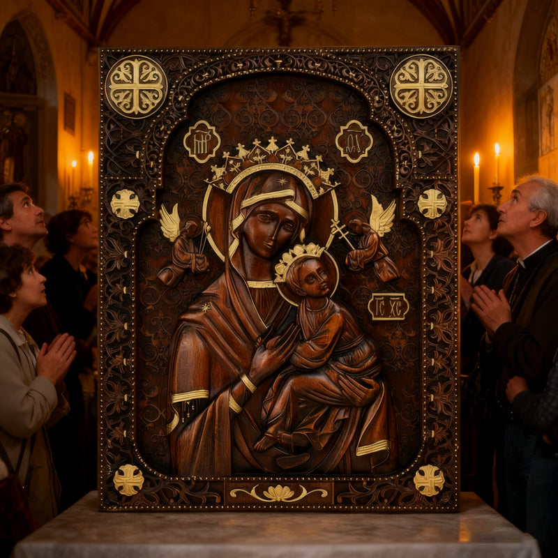 Our Lady of Perpetual Help Wood Art - Hand-Carved Catholic Gift - Mother Mary Comfort Figure