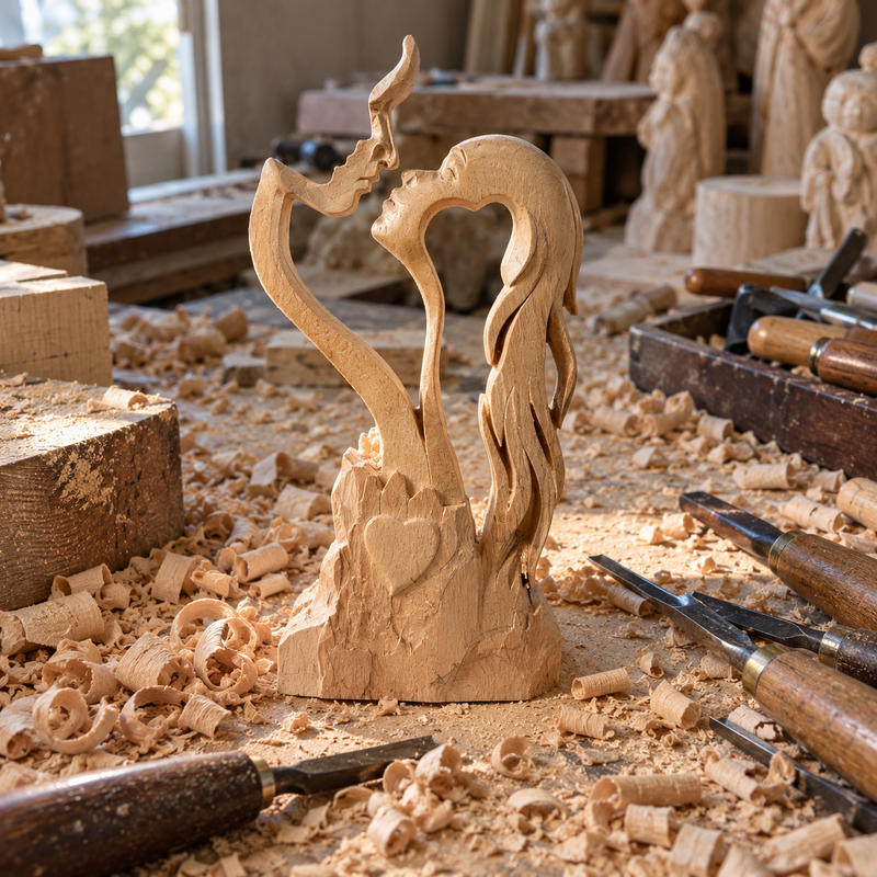 Artisan refining flowing wood grain and carved lines