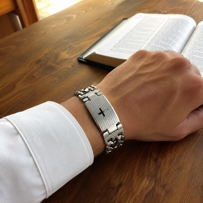 Silver Christian prayer bracelet worn beside an open Bible