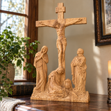 Hand-Carved Ash Wood Calvary Crucifix with Jesus, Mary, St. John & Mary Magdalene
