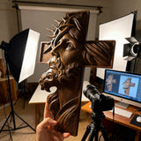 Handcrafted Beechwood Cross: Jesus with the Crown of Thorns