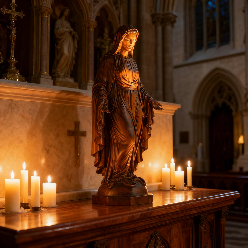 Hand Carved Sacred Heart of Jesus Virgin Mary Wooden Tabletop Ornament
