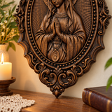 Hand-Carved Virgin Mary Prayer Wall Plaque – Ornate Beechwood Catholic Religious Decor,