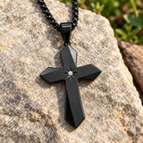 Faceted Eight Point North Star CZ Inlay Stainless Steel Cross Necklace