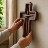 Hand-Carved Star of Bethlehem Wooden Cross – Christian Wall Decor & Faith Gift