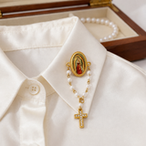 Our Lady of Guadalupe 11-Pearl Brooch with Crystal Cross Pendant