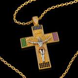 Multicolor Zircon Jesus Crucifix Gold‑Tone Stainless Steel Necklace