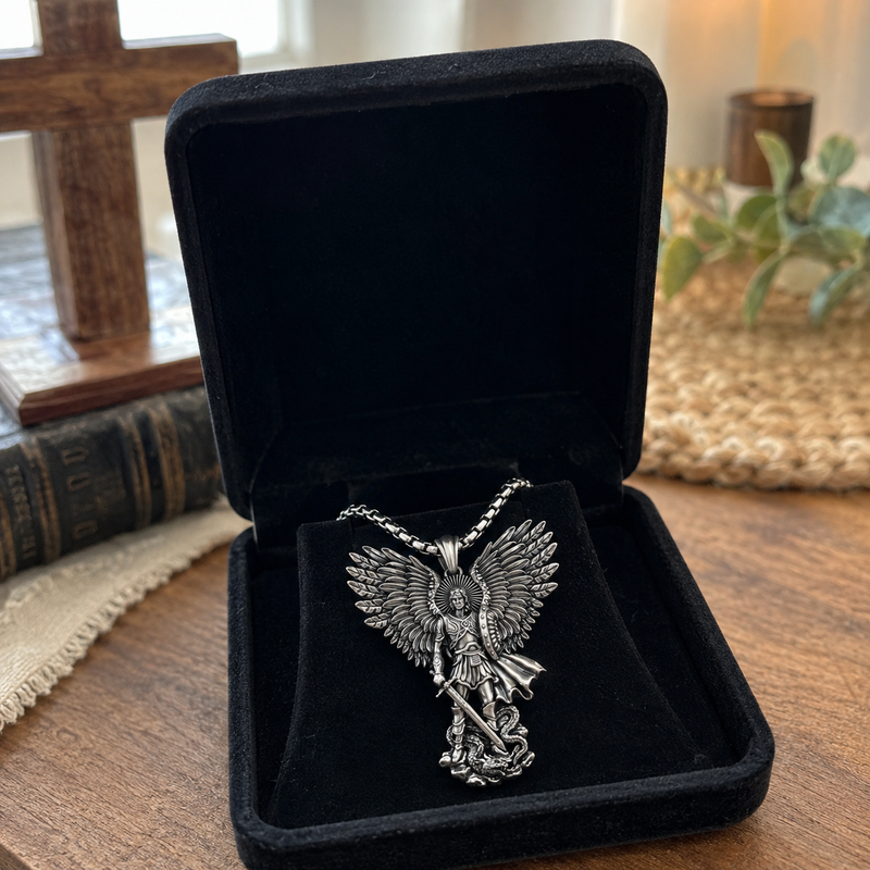 Saint Michael pendant presented in a jewelry gift box