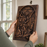 Hand-Carved Archangel Saint Michael Wood Wall Plaque | Catholic Home Decor | Christian Wall Art - design detail