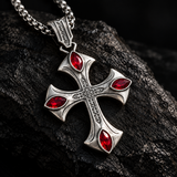 Vintage Red Zircon Cross Pendant Necklace, Religious Faith Men’s Necklace