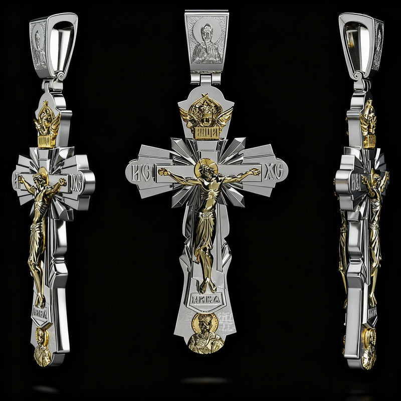 Gold-Plated Copper Crucifix Pendant with Jesus Christ and Religious Figures