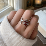 Sacred Heart of Jesus Thorn Flame Cross Adjustable Open Ring - design detail