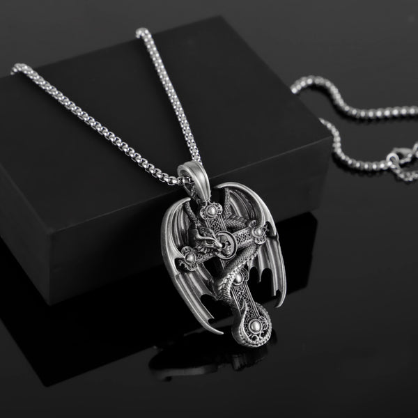 PURE TIN Dragon Encircled Cross Silver Christian Men Necklace