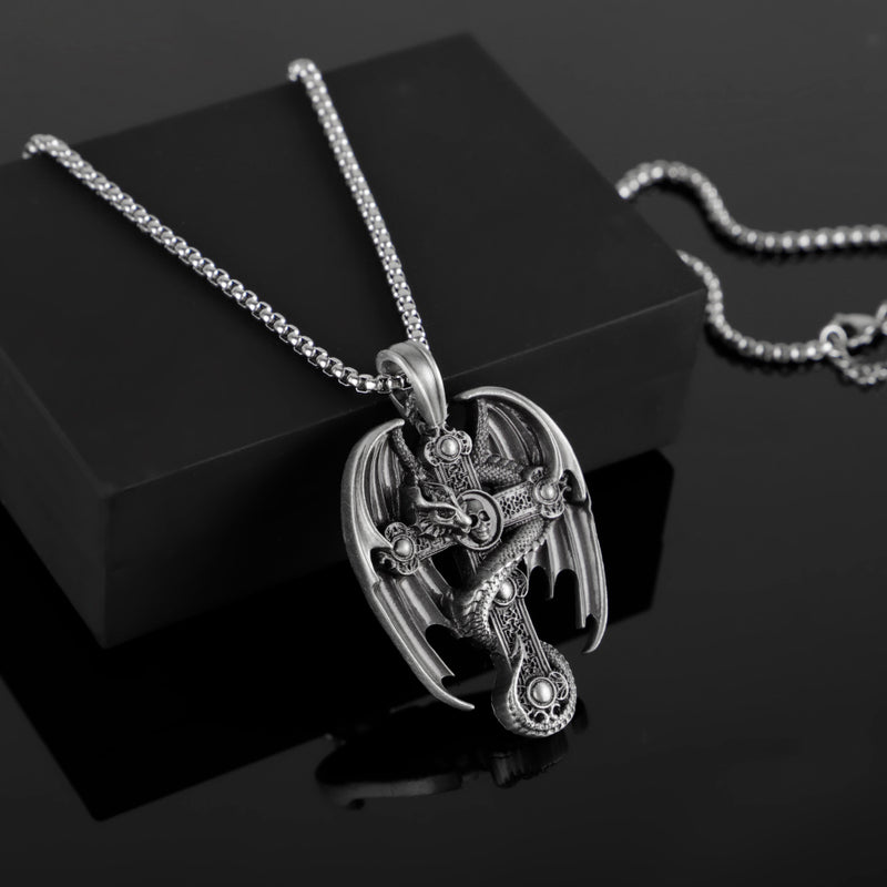 PURE TIN Drachen eingekreist Kreuz Silber Christian Männer Halskette
