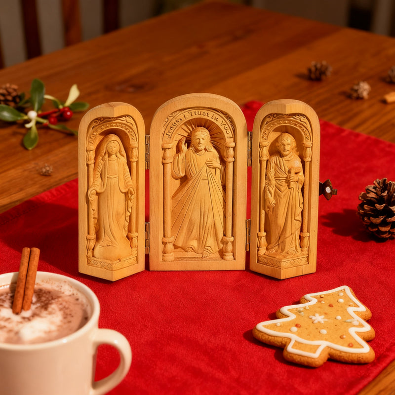Hand-Carved Travel Triptych Altar: The Holy Family at Your Side