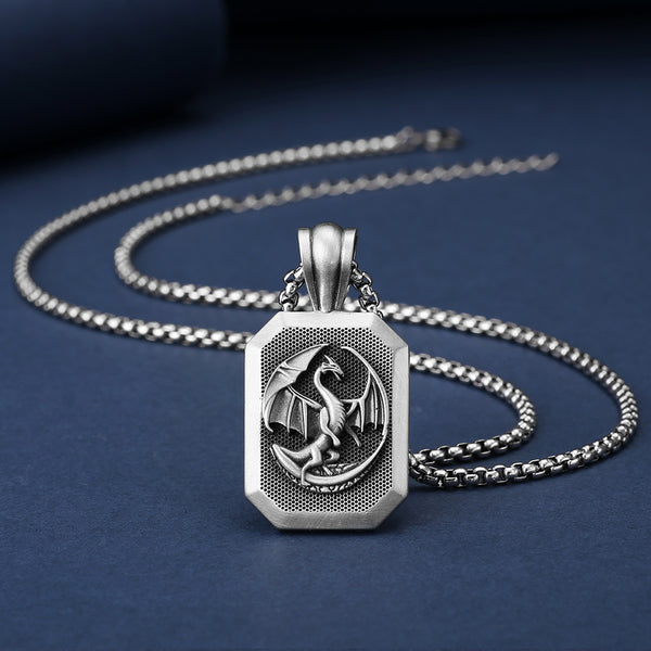 PURE TIN Medieval Winged Dragon Amulet Necklace