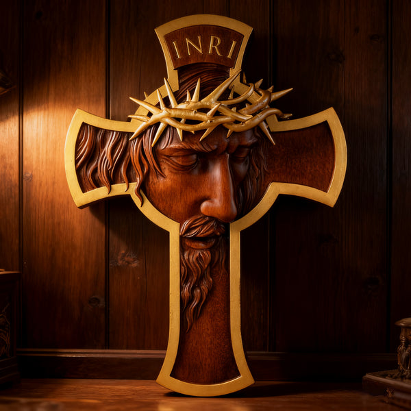 Sacred Thorn Crown Wooden Cross - A Testament of Redemption