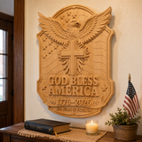 God Bless America Wooden Wall Plaque – Hand-Carved Beechwood Eagle Cross Decor, 1776–2026 250th Anniversary