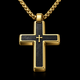 Two-Tone Bevel Edge Carbon Fiber Textured Inlaid Tiny Cross Stainless Steel Necklace