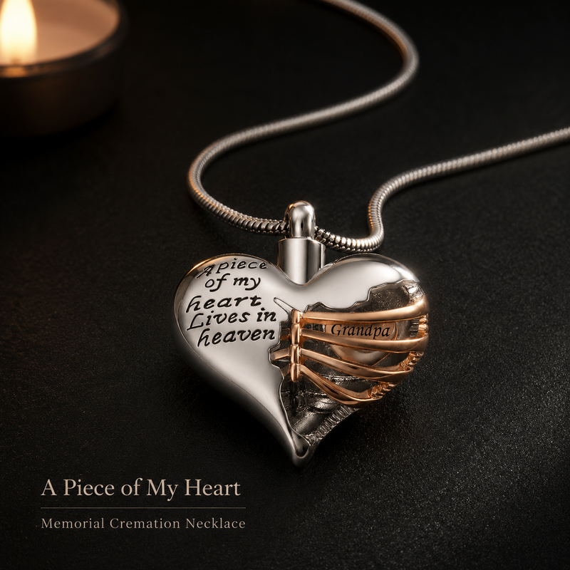 A Piece of My Heart memorial cremation necklace on a dark background