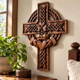 Hand-Carved Beechwood Celtic Claddagh Wall Cross – Irish Christian Faith Home Décor