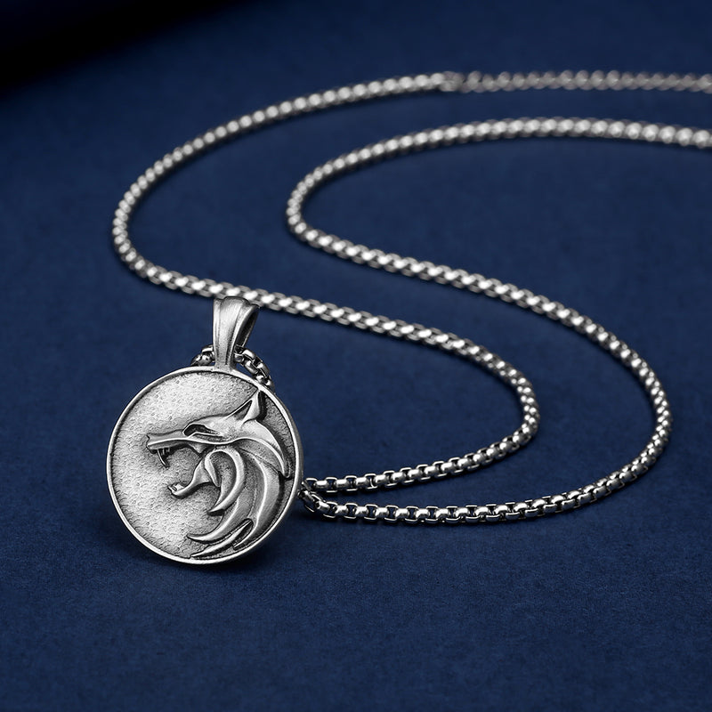 Pure Tin White Wolf Necklace - Witcher Medallion & Amulet