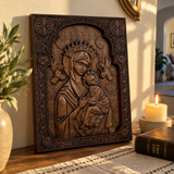 Our Lady of Perpetual Help Wood Art - Hand-Carved Catholic Gift - Mother Mary Comfort Figure