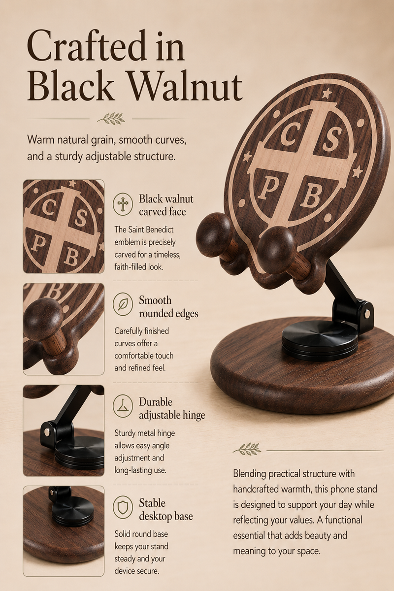 Black walnut wood grain and rounded detail of Saint Benedict phone stand