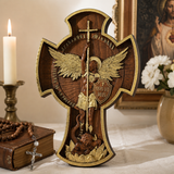 Hand-Carved Beechwood Archangel Michael Wall Cross – Quis Ut Deus Christian Home Decor
