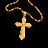 Faceted Eight Point North Star CZ Inlay Stainless Steel Cross Necklace