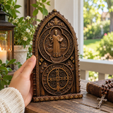 Hand-Carved Beechwood St. Benedict Medal Desktop Ornament