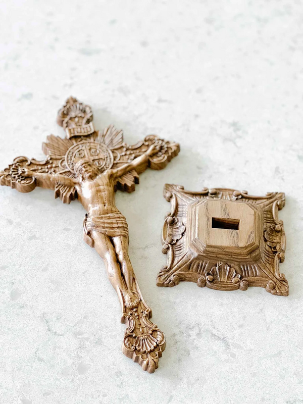 Wood carving of the Cross of the Order of Saint Benedict - with base